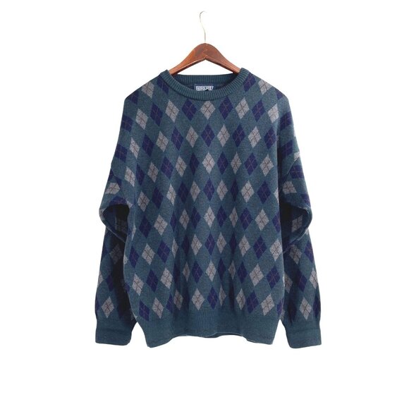 Vintage Lands End Mens Argyle Knit Sweater XL Wool Crew Neck Academia Grandpa - Picture 1 of 7
